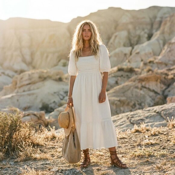 NWT By The River White Flowy Midi Dress | Spring Picnic Boho Cottagecore M - Picture 9 of 9